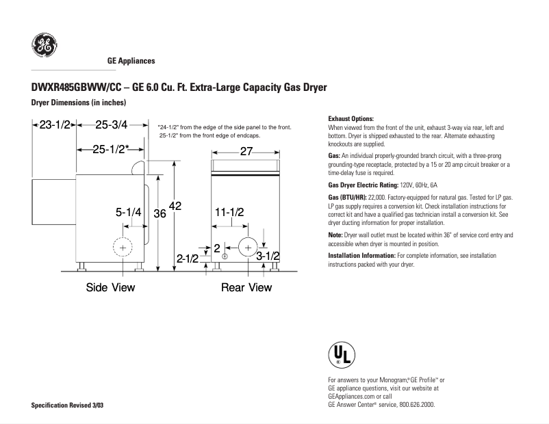 Page n°1 - Fiche technique GE DWXR485GBCC
