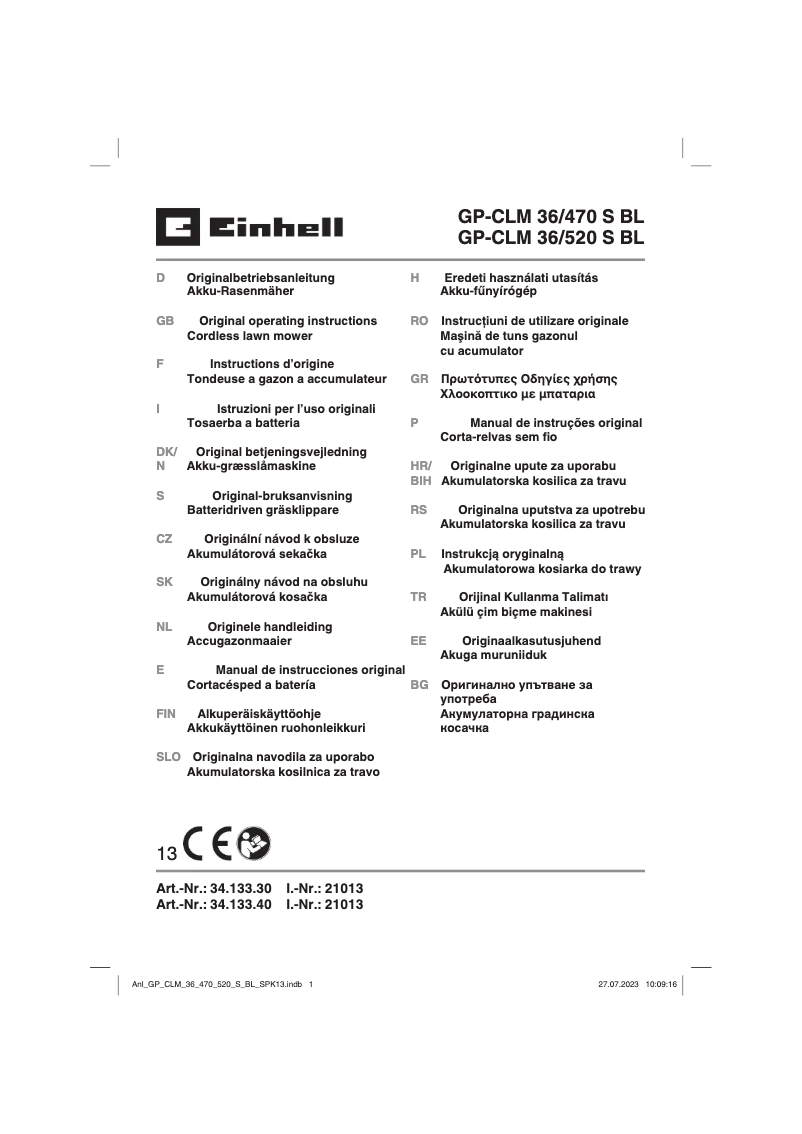 Page 1 de la notice Manuel utilisateur Einhell GP-CLM 36/470 S BL