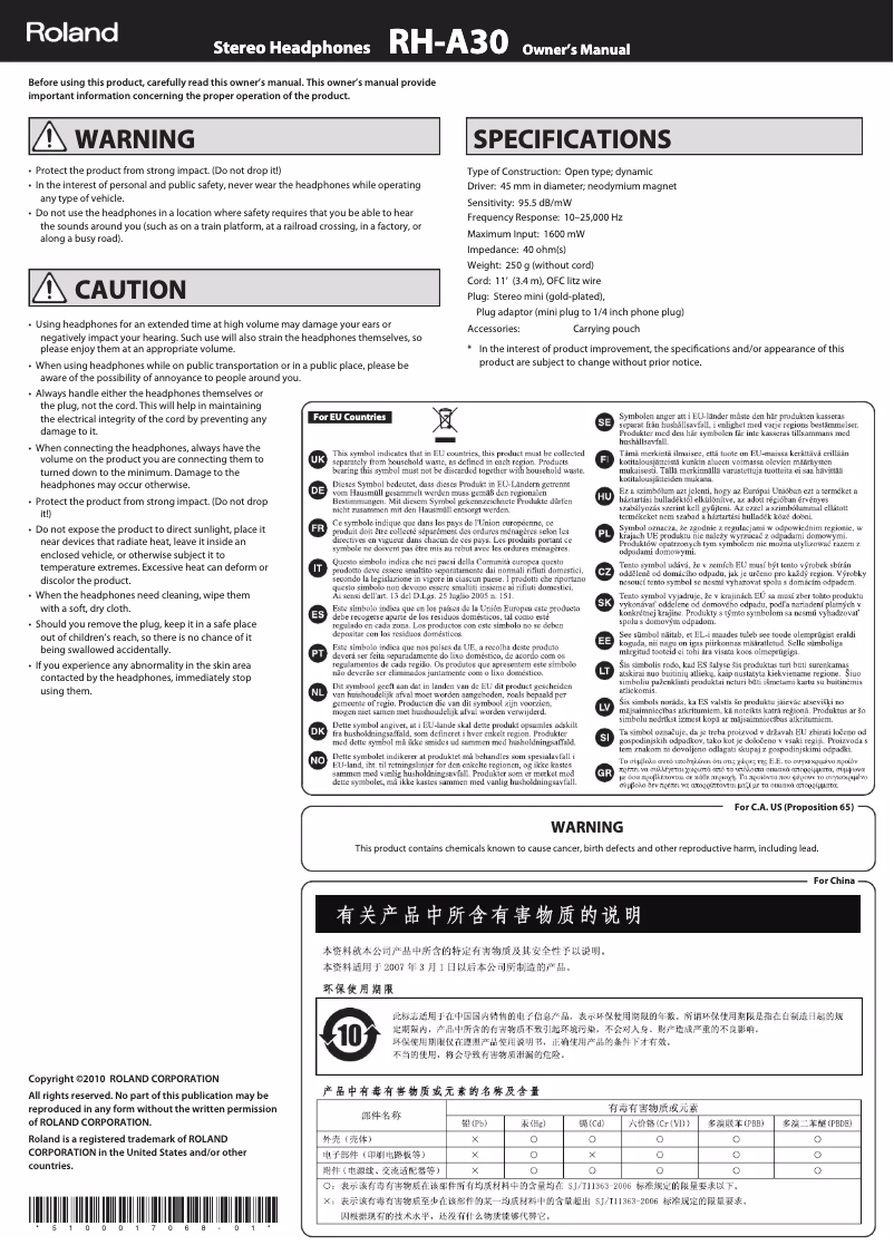 Page n°1 - Manuel utilisateur Roland RH-A30