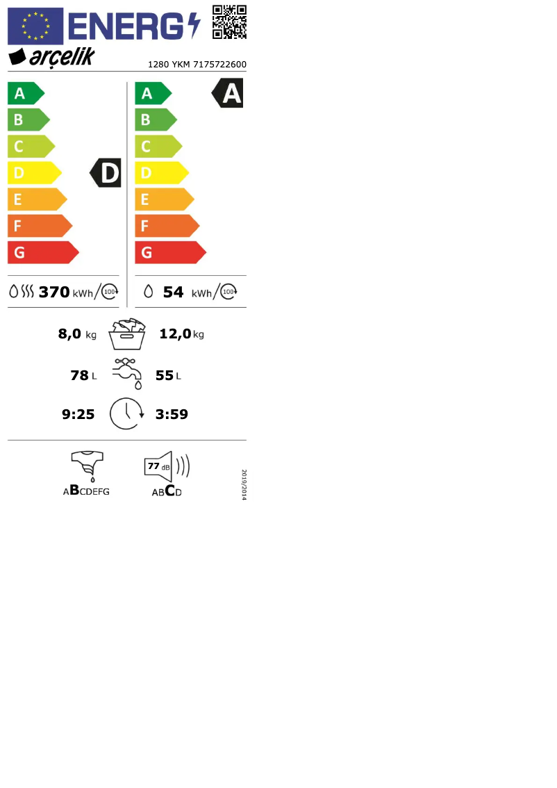 Page 1 de la notice Label énergétique Arçelik 1280 YKM