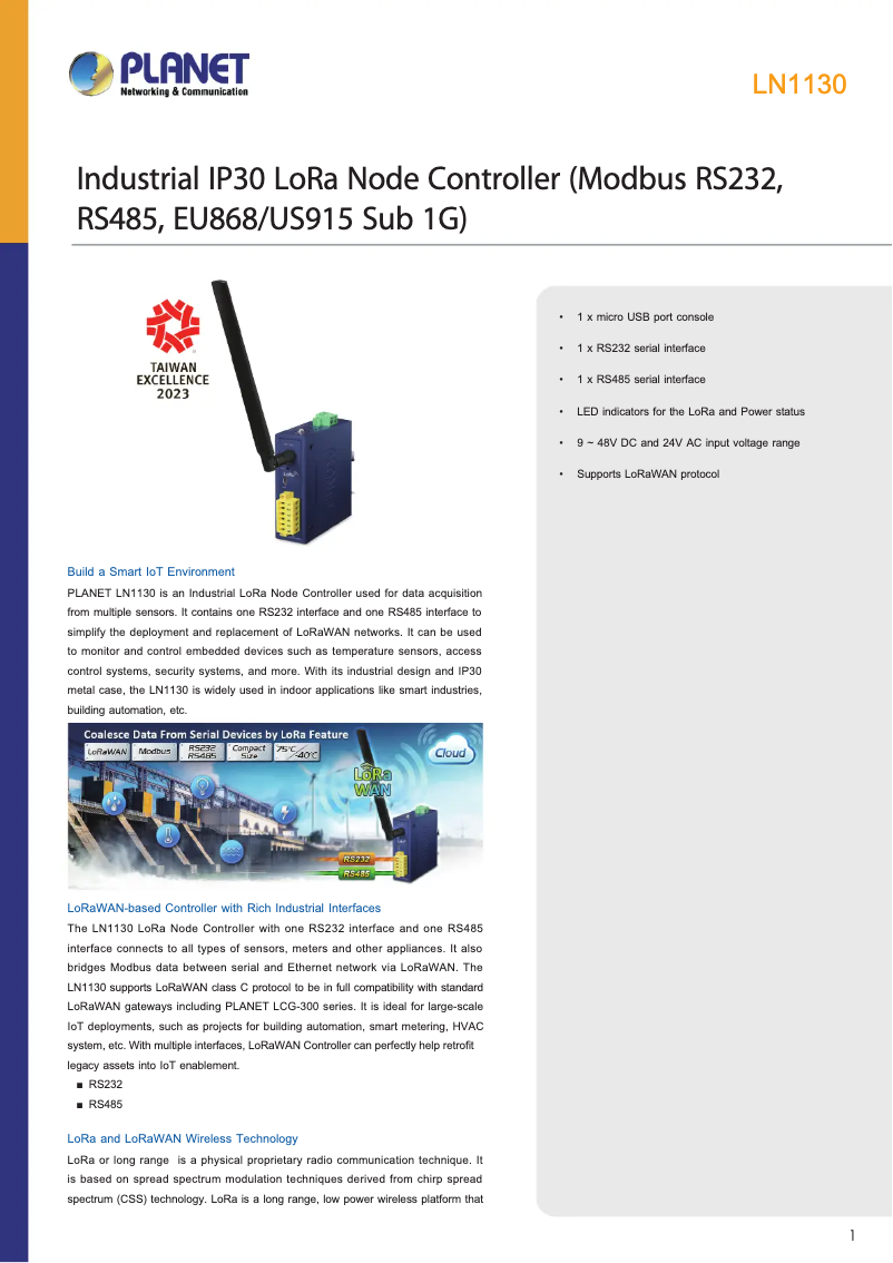 Page 1 de la notice Fiche technique Planet LN1130