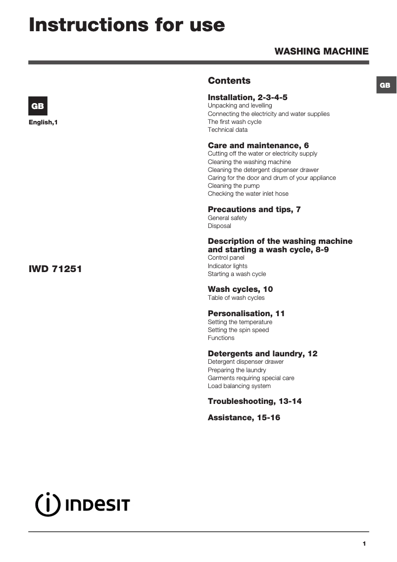 Page 1 de la notice Manuel utilisateur Indesit IWD 71251