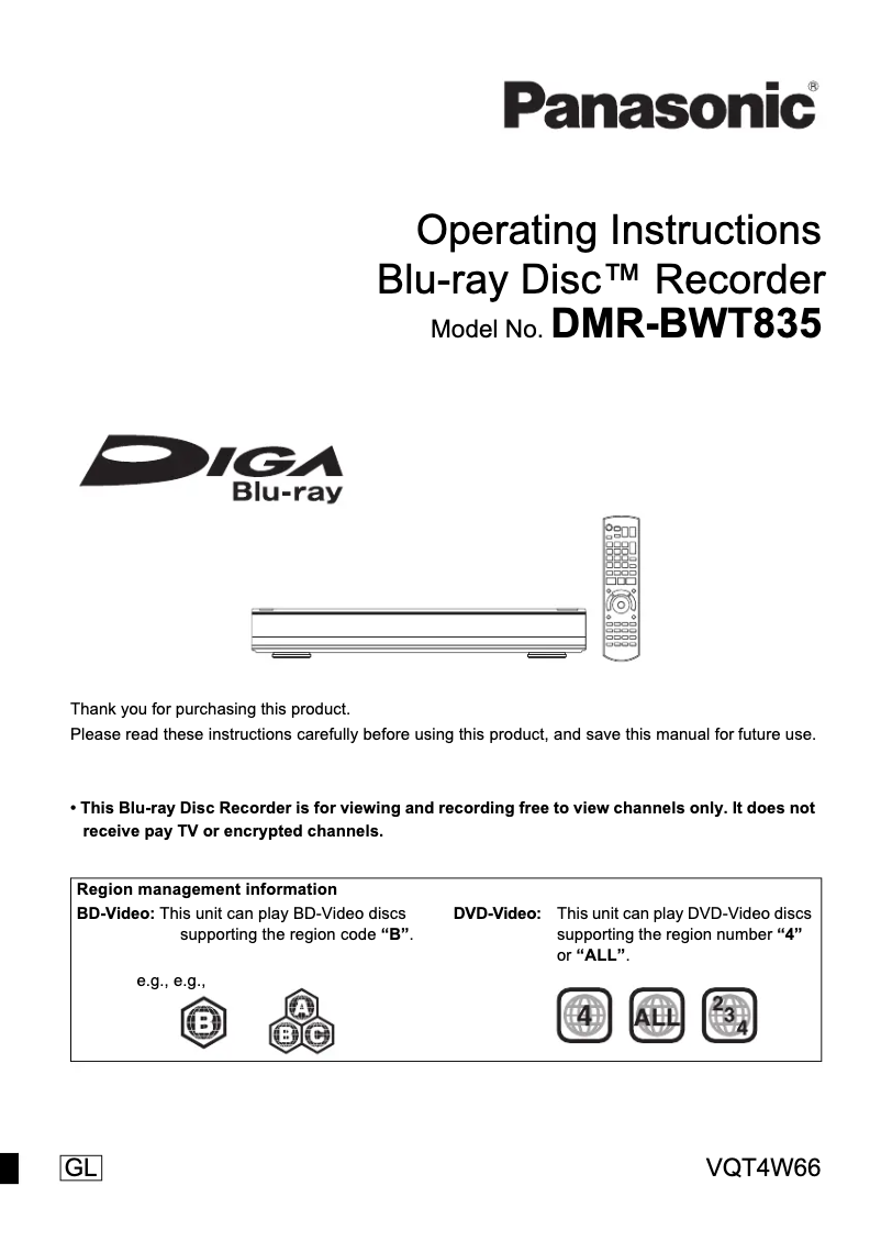 Page 1 de la notice Manuel utilisateur Panasonic DMR-BWT835