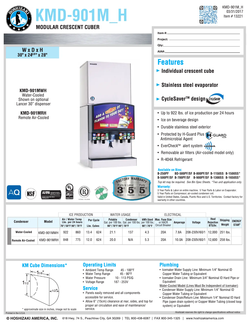 Page 1 de la notice Fiche technique Hoshizaki KMD-901MRH