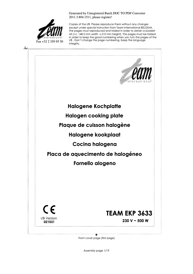 Page 1 de la notice Manuel utilisateur Team EKP 3633