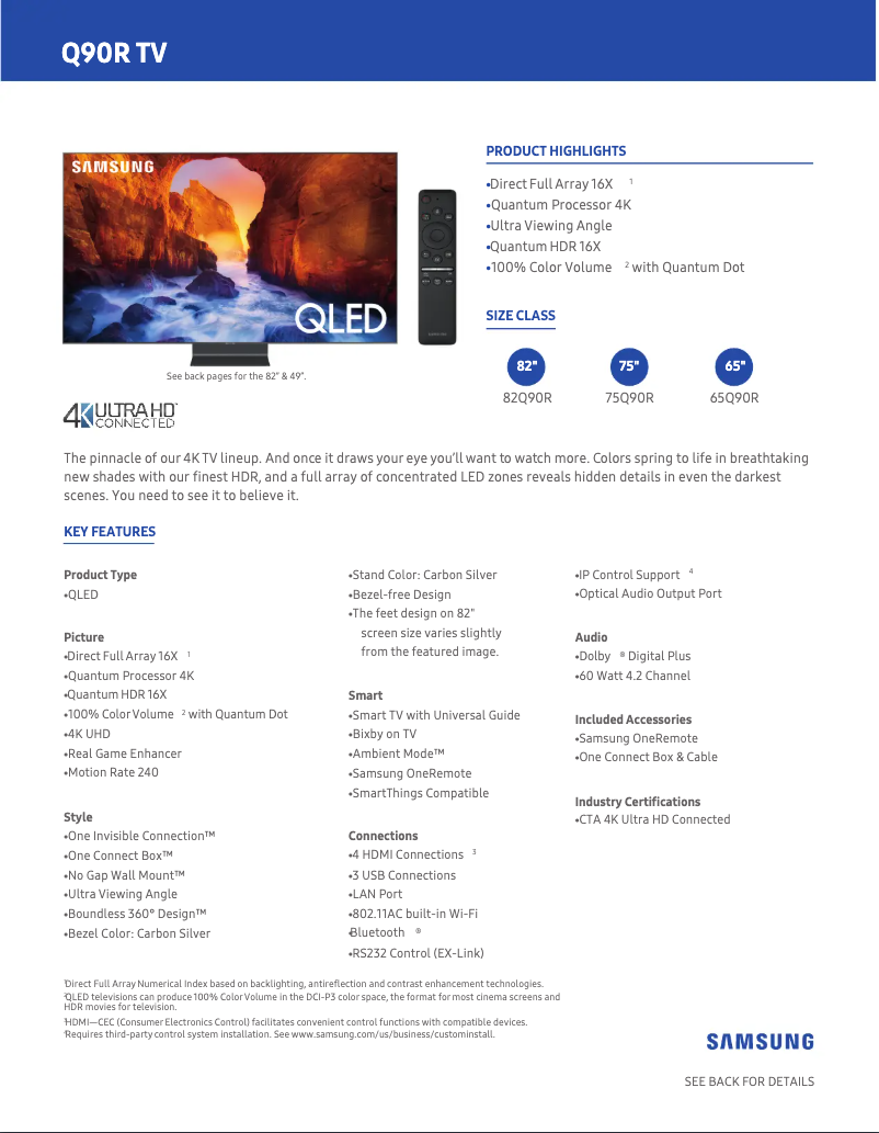 Page 1 de la notice Fiche technique Samsung QLED QN65Q90R