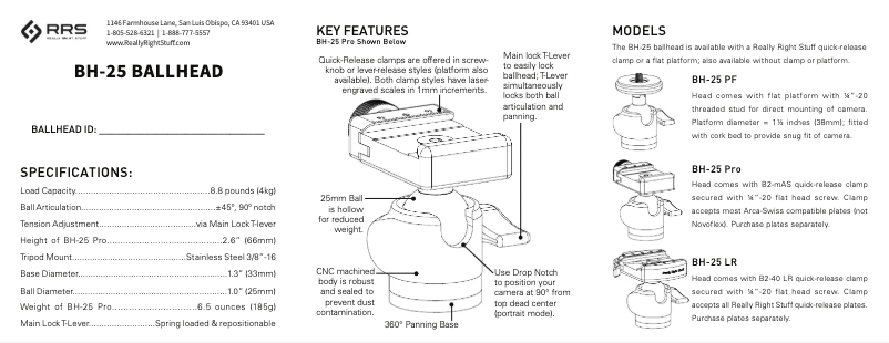 Page 1 de la notice Manuel utilisateur Really Right Stuff BH-25