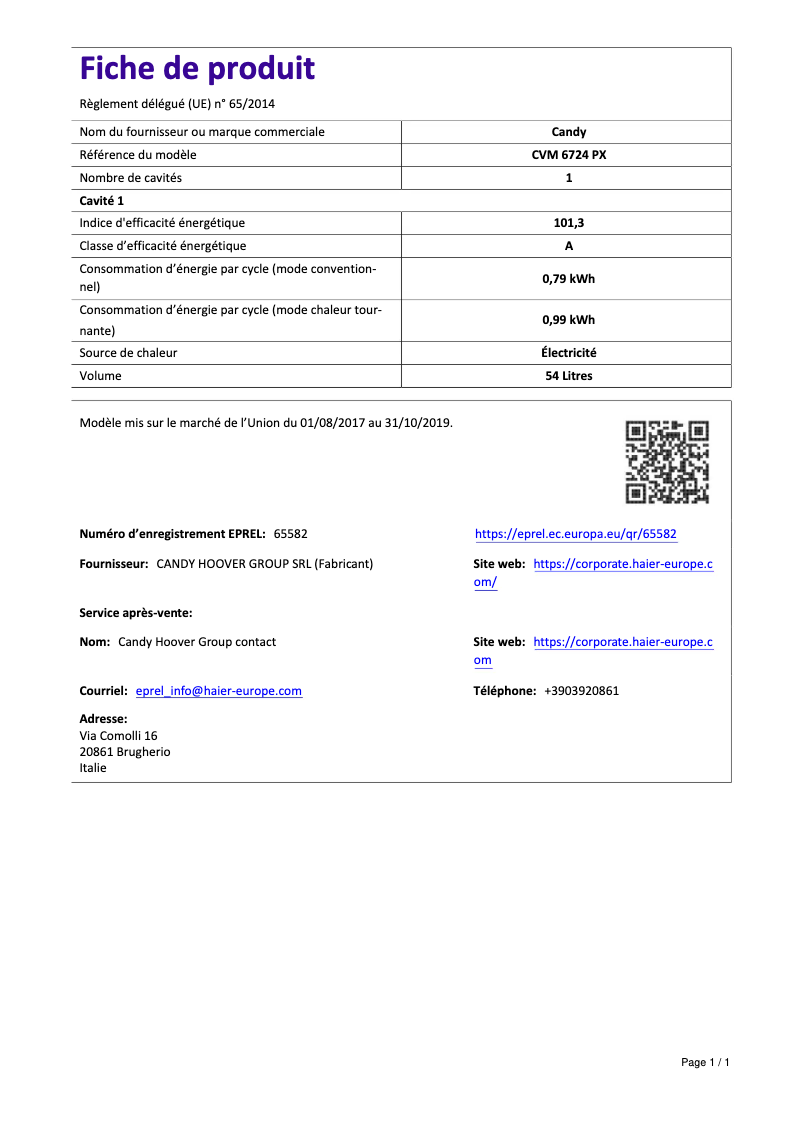 Page 1 de la notice Manuel utilisateur Candy CVM6724PX