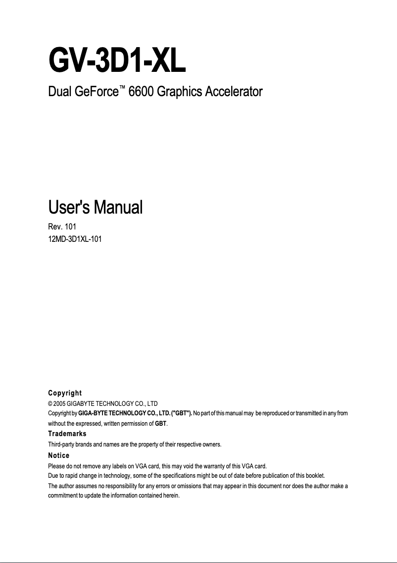 Image de la première page du manuel de l'appareil GV-3D1-XL