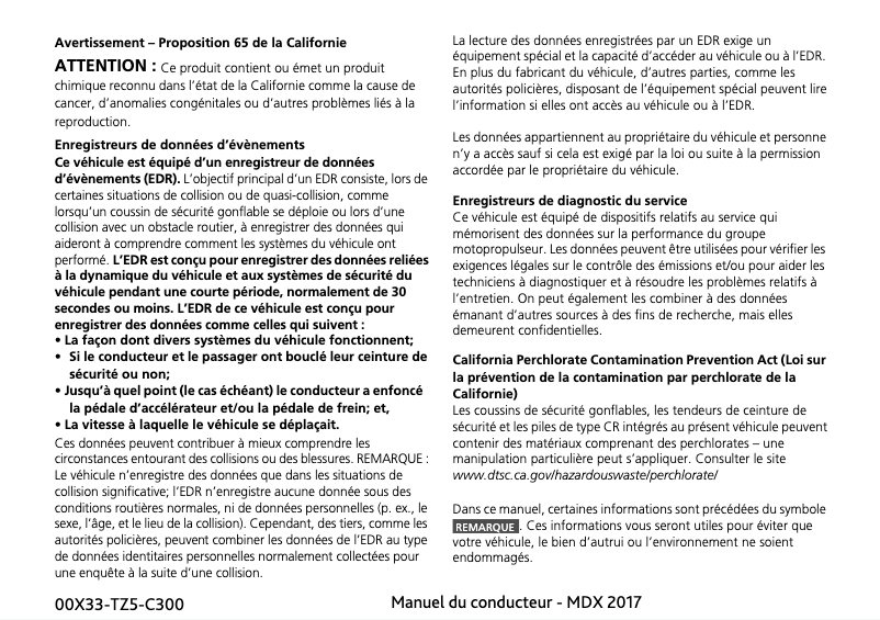 Page 1 de la notice Manuel utilisateur Acura MDX (2017)