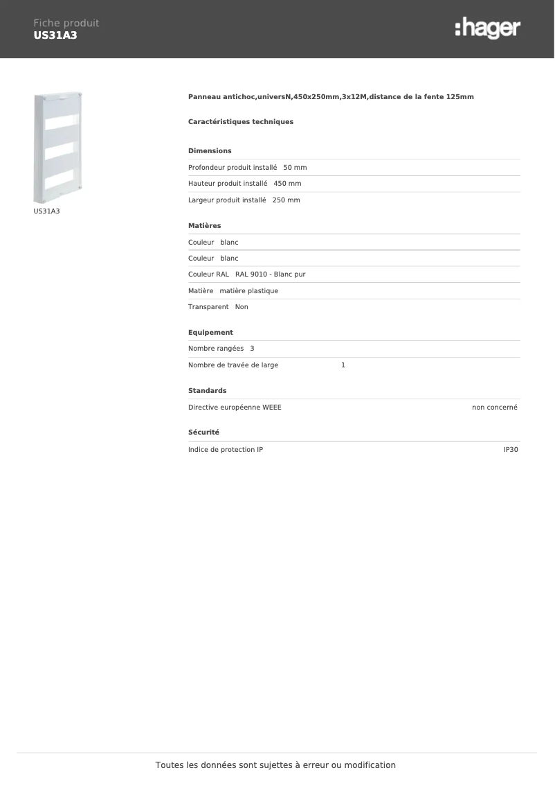 Page n°1 - Fiche technique Hager US31A3