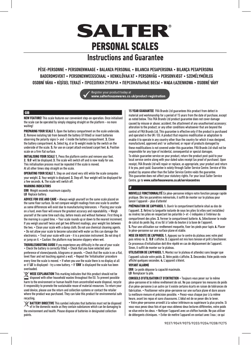 Page 1 de la notice Manuel utilisateur Salter 9205 BK3R
