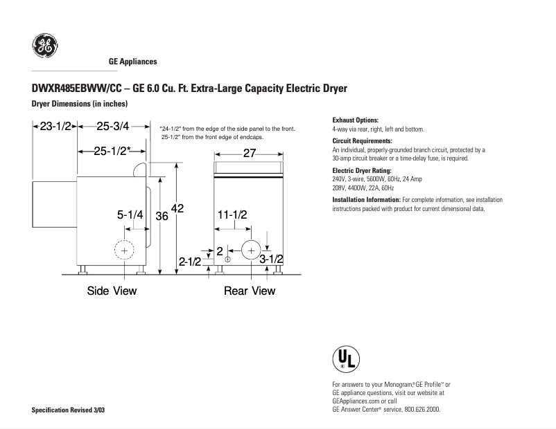 Page 1 de la notice Fiche technique GE DWXR485EBWW