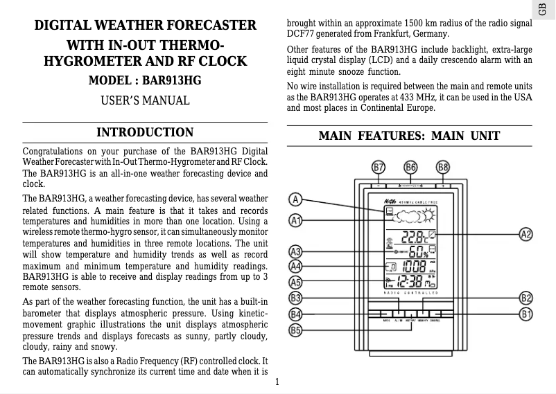 Page n°1 - Manuel utilisateur Oregon Scientific BAR913HG