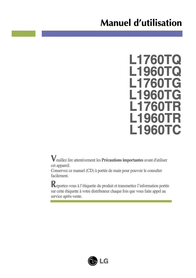 Page 1 de la notice Manuel utilisateur LG L1760TR-BF