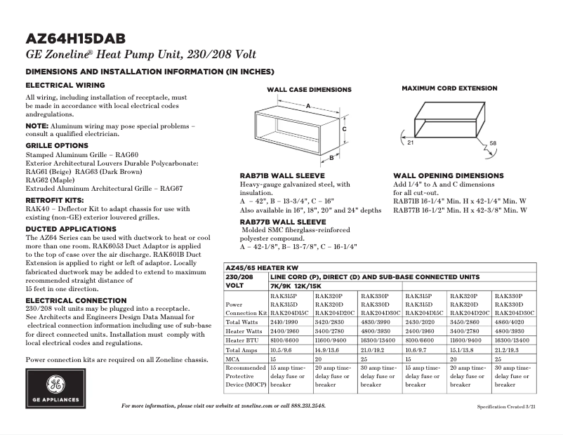 Page 1 de la notice Fiche technique GE AZ64H15DAB