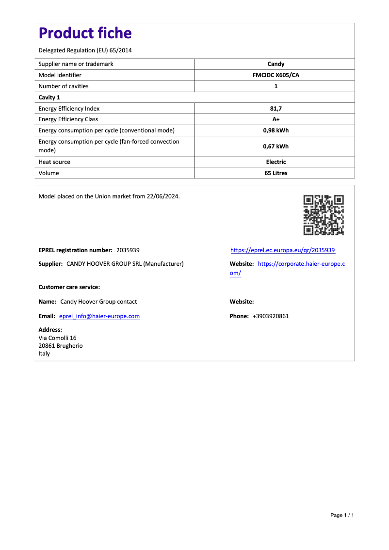 Page 1 de la notice Fiche technique Candy FMCIDC X605