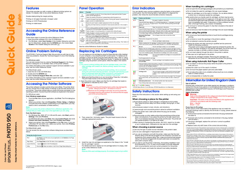 Page 1 de la notice Manuel utilisateur Epson Stylus Photo 950