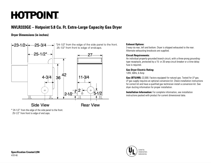 Page 1 de la notice Fiche technique Hotpoint NVLR333GEWW