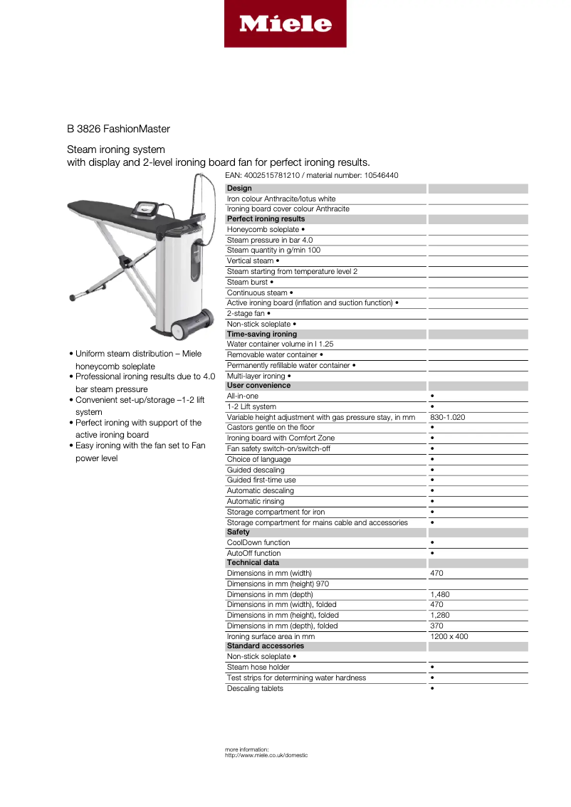 Page 1 de la notice Fiche technique Miele FashionMaster B 3826