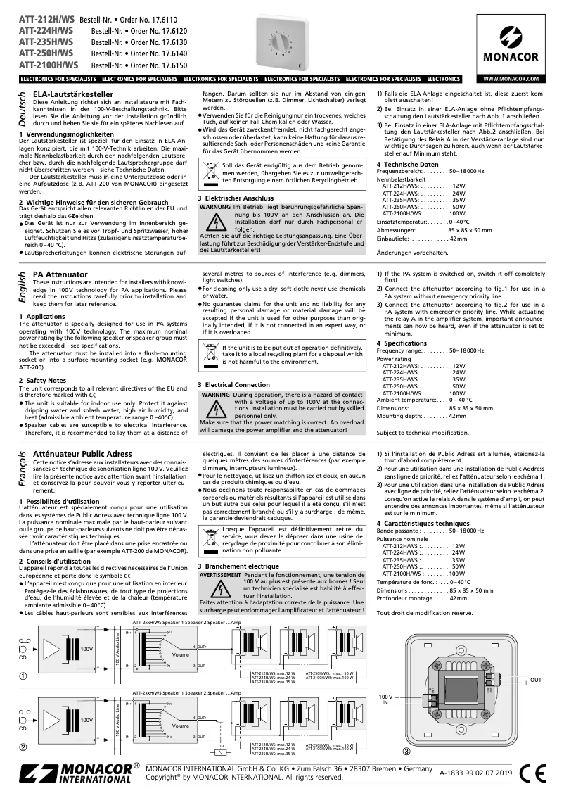 Page n°1 - Manuel utilisateur Monacor ATT-250H/WS
