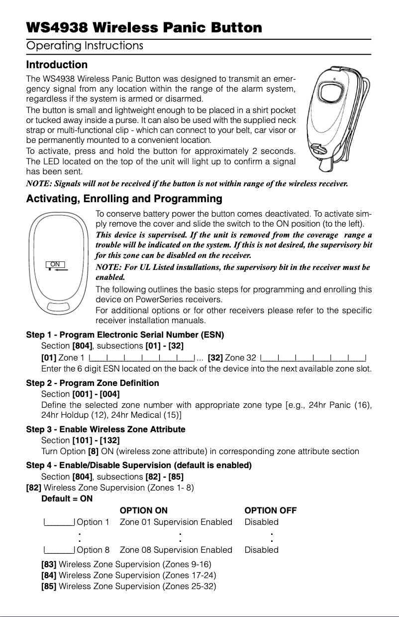 Page 1 de la notice Manuel utilisateur DSC WS4938