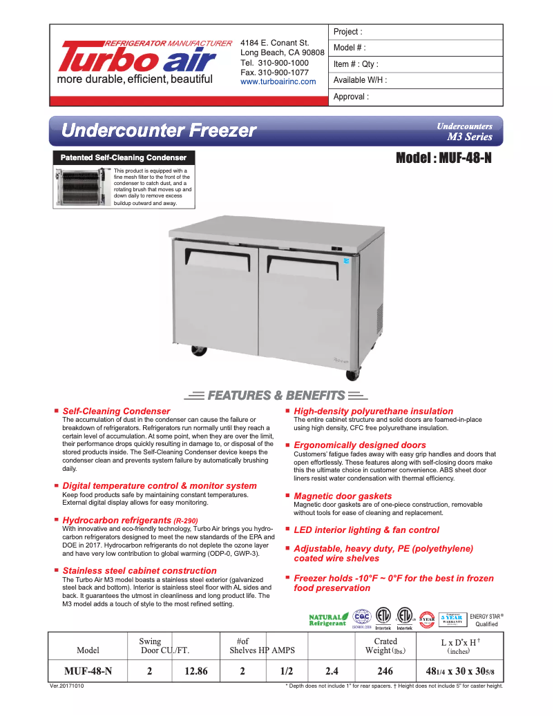 Page n°1 - Fiche technique Turbo air MUF-48