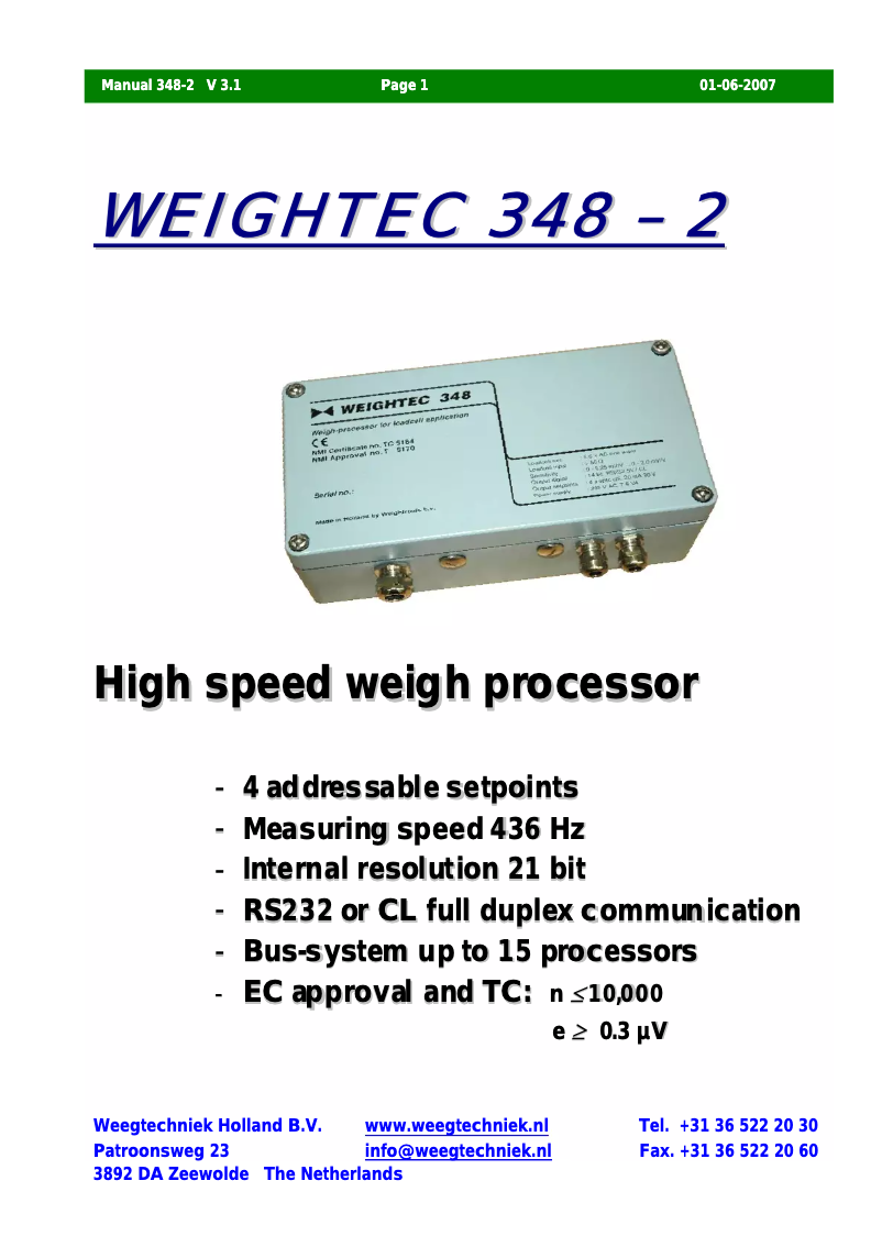 Page 1 de la notice Manuel utilisateur Weightec 348