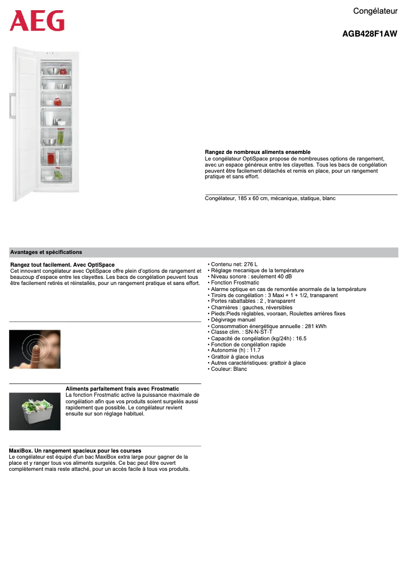 Page 1 de la notice Fiche technique AEG AGB428F1AW