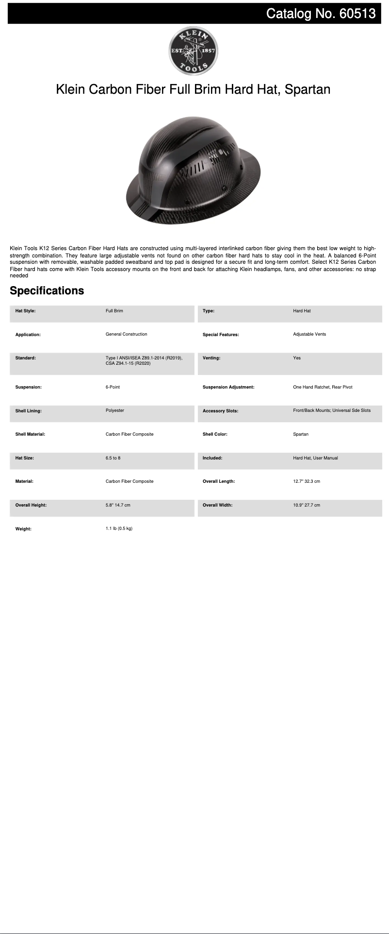 Page 1 de la notice Fiche technique Klein Tools 60513