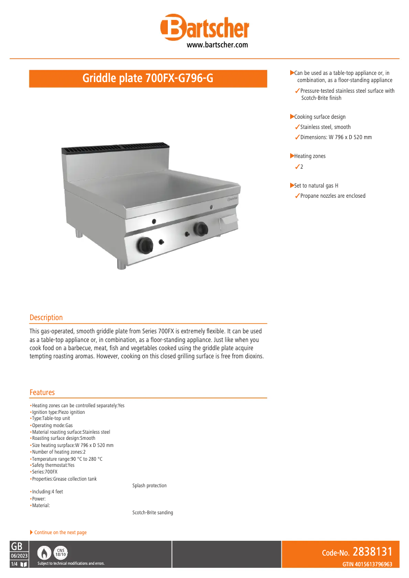 Page n°1 - Fiche technique Bartscher 700FX-G796-G