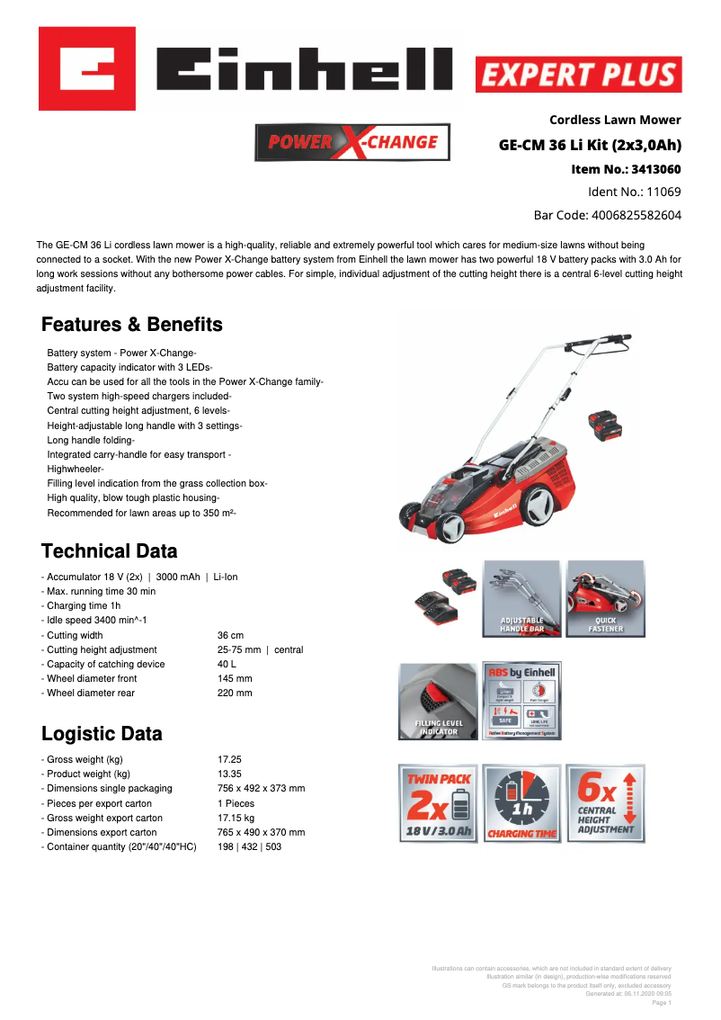Page n°1 - Fiche technique Einhell GE-CM 36 Li