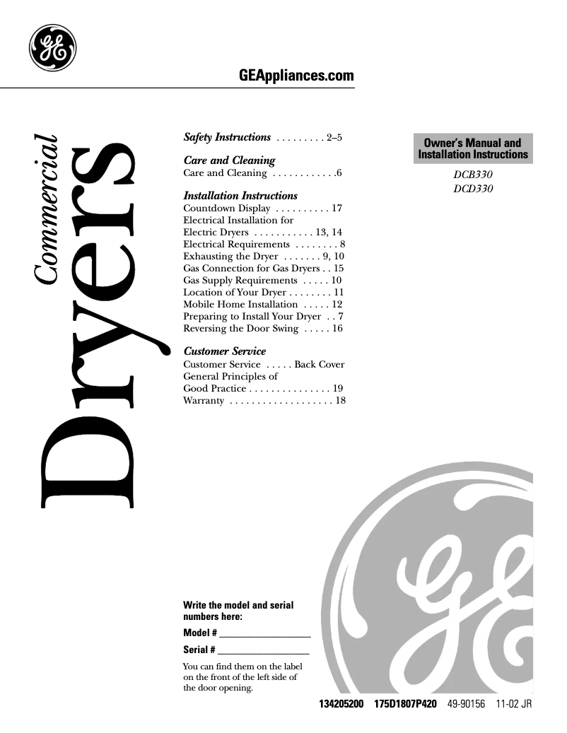 Page n°1 - Manuel d'utilisation et d'entretien GE DCB330EBKC