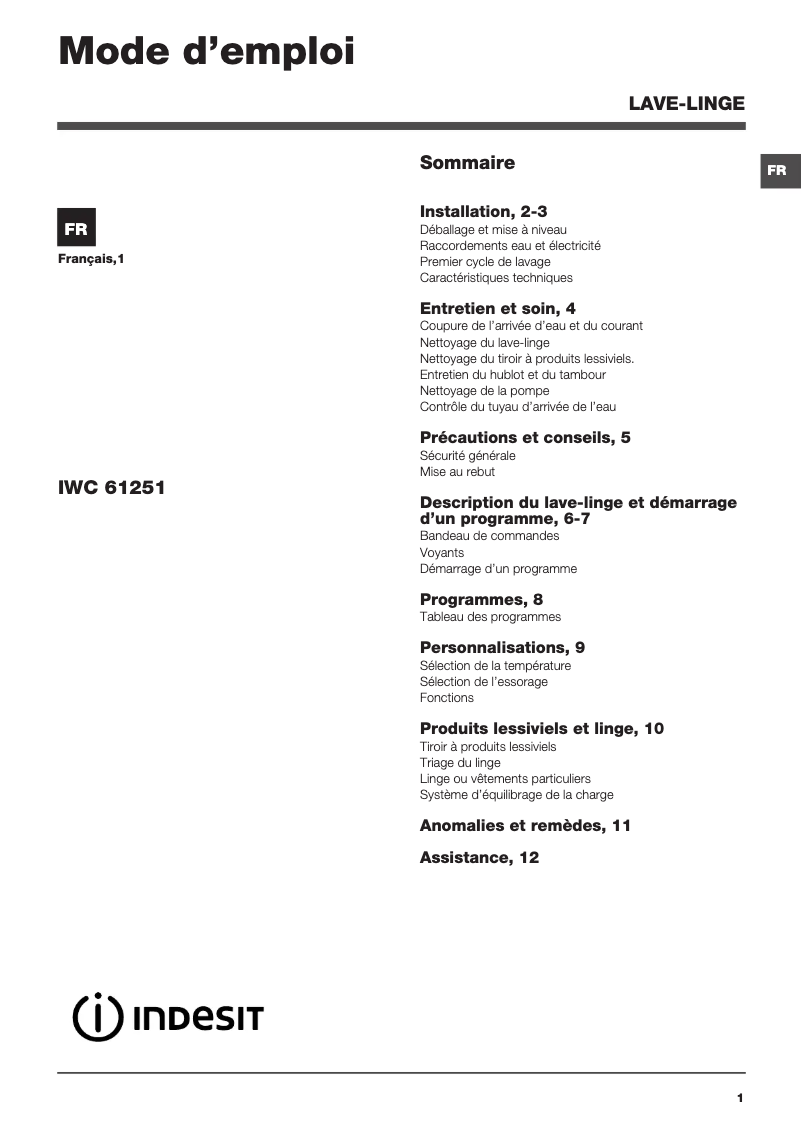 Page 1 de la notice Manuel utilisateur Indesit IWC 61251 FR