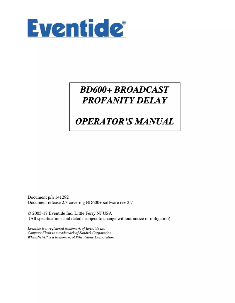 Page n°1 - Manuel utilisateur Eventide BD600E+
