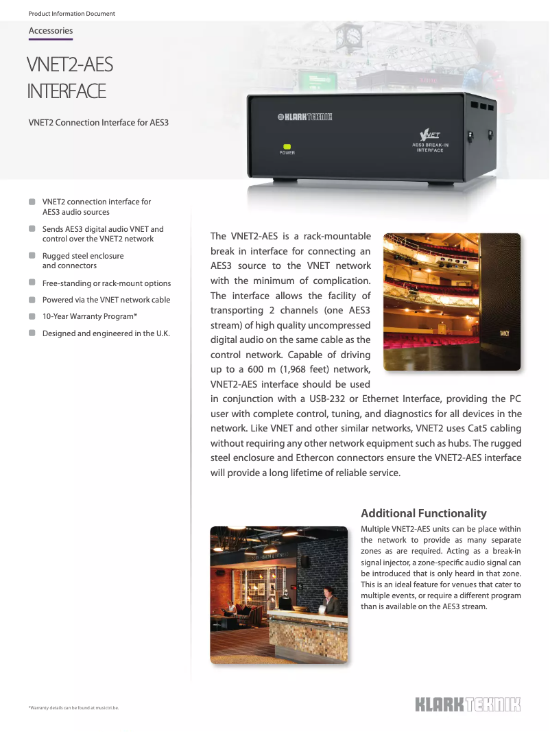 Page 1 de la notice Fiche technique Klark Teknik VNET2-AES Interface