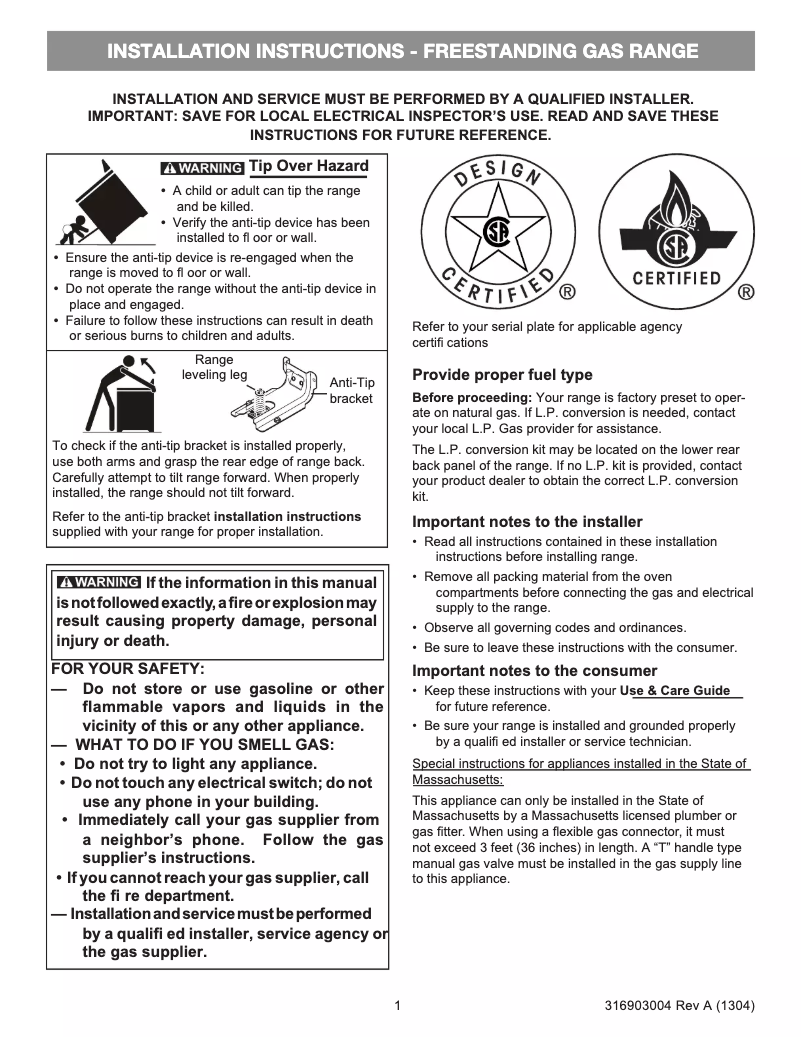 Page 1 de la notice Guide d'installation Frigidaire FCRG3015AB