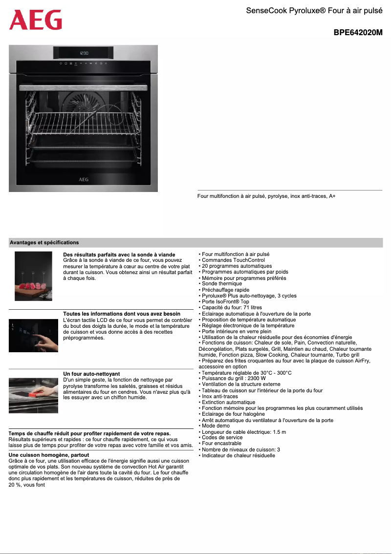 Page 1 de la notice Fiche technique AEG BPE642020M