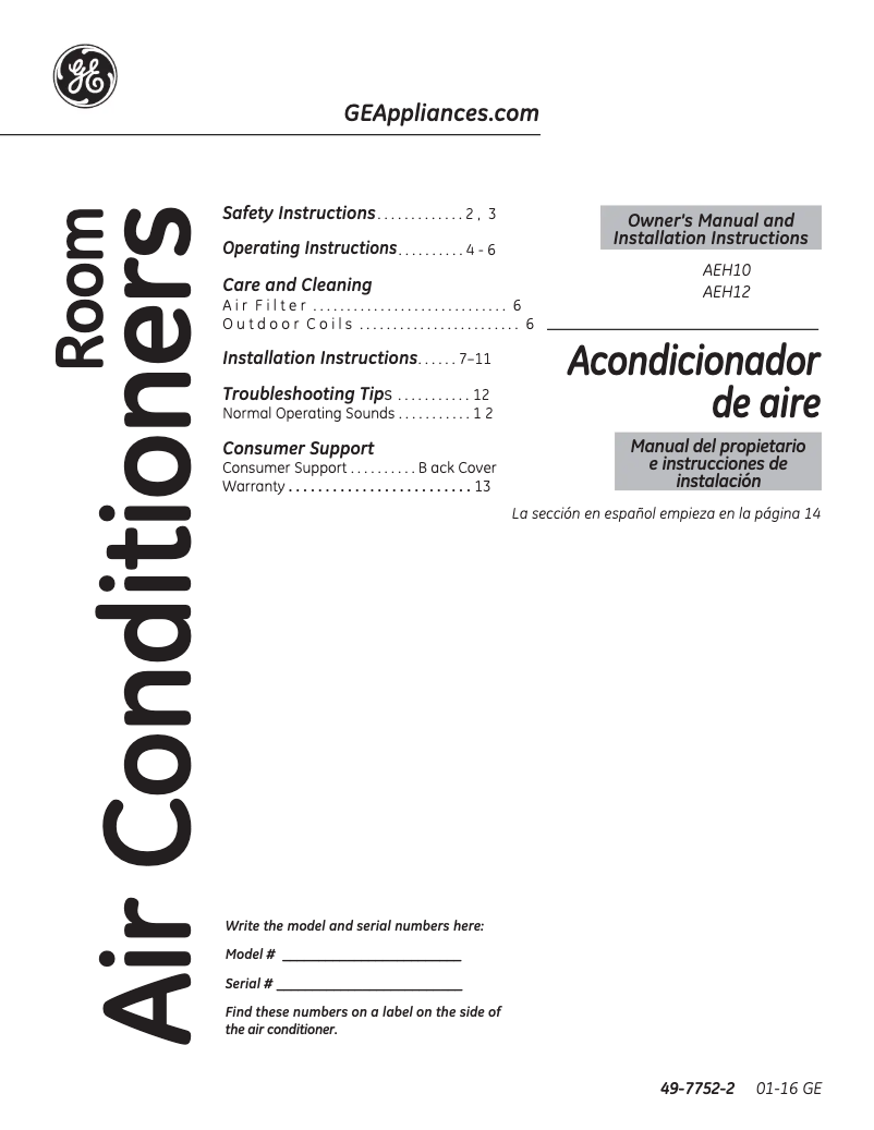 Page n°1 - Manuel d'utilisation et d'entretien GE AEH10AV
