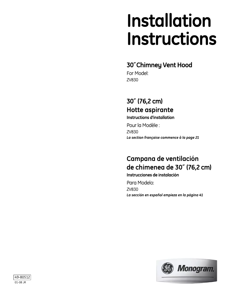 Page n°1 - Guide d'installation Monogram ZV830SMSS