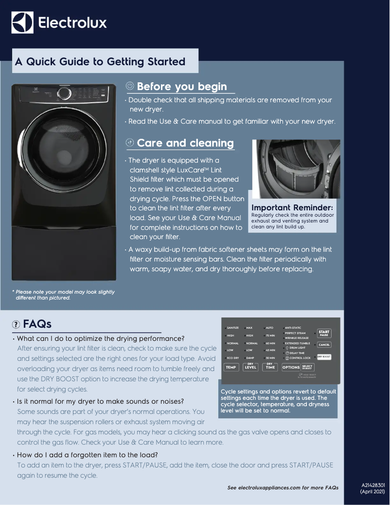 Page n°1 - Guide de démarrage rapide Electrolux ELFG7637BT