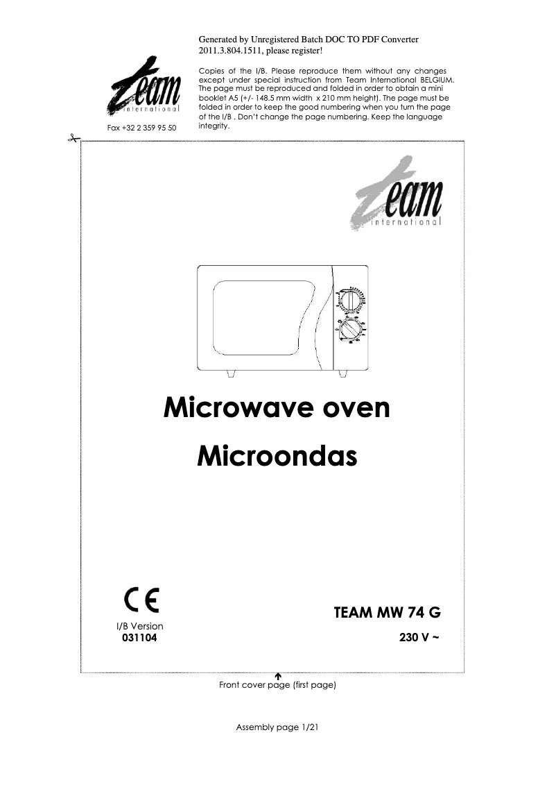 Page 1 de la notice Manuel utilisateur Team MW 74