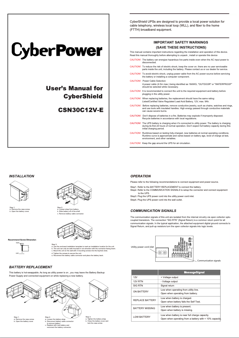 Image de la première page du manuel de l'appareil CyberShield CSN30C12V-E