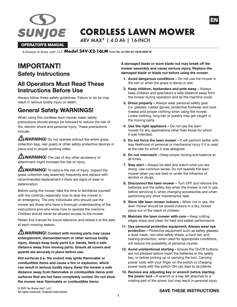Page n°1 - Manuel utilisateur Sun Joe 24V-X2-16LM