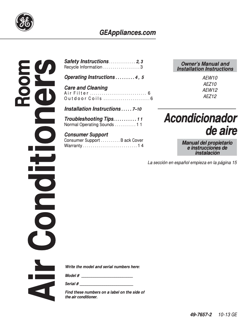 Page n°1 - Guide d'installation GE AEZ12AR
