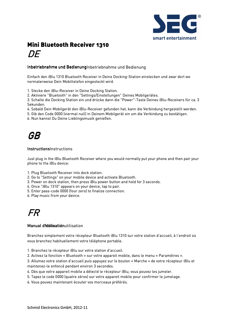 Page 1 de la notice Manuel utilisateur SEG iBlu 1310