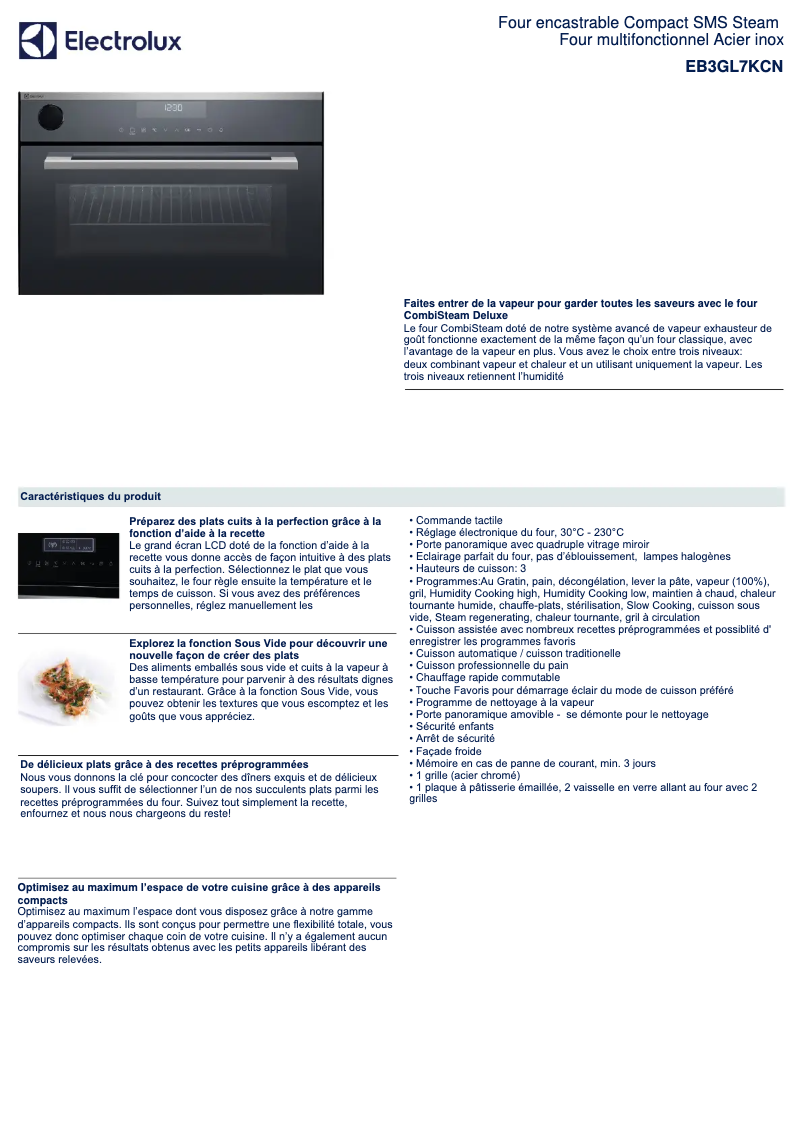 Page 1 de la notice Fiche technique Electrolux EB3GL7KCN