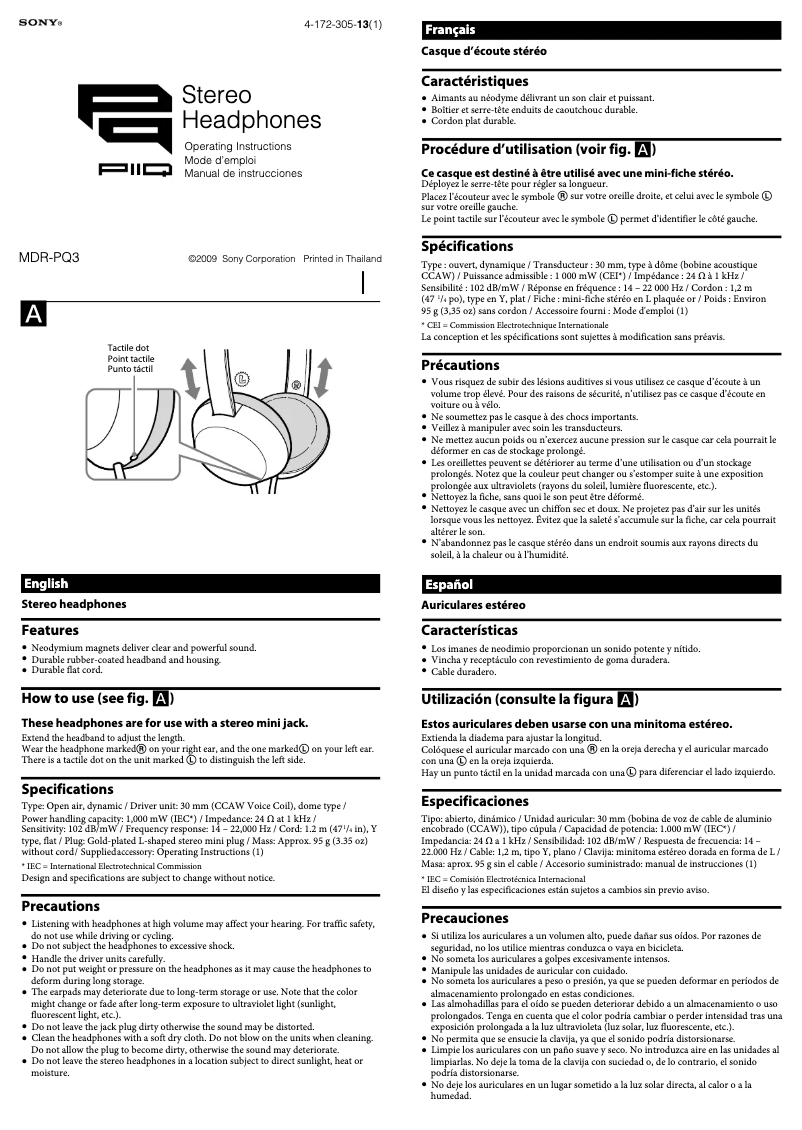 Image de la première page du manuel de l'appareil MDR-PQ3