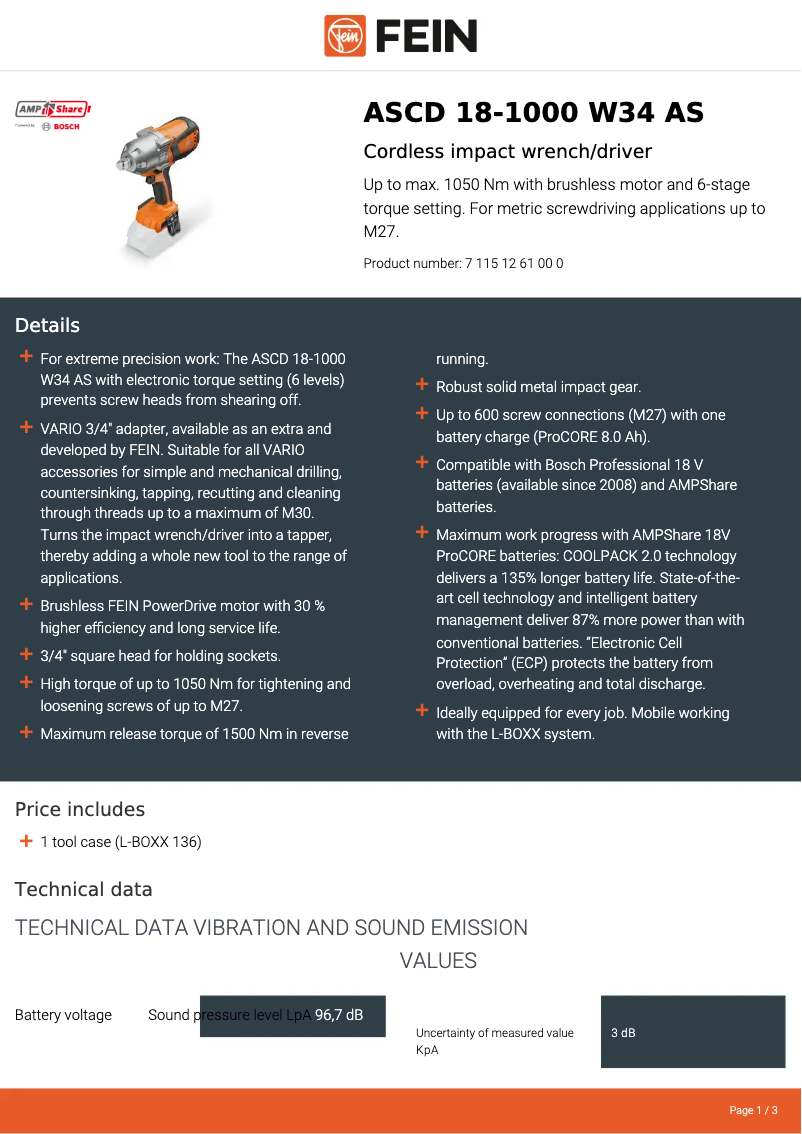 Page 1 de la notice Fiche technique Fein ASCD 18-1000 W34