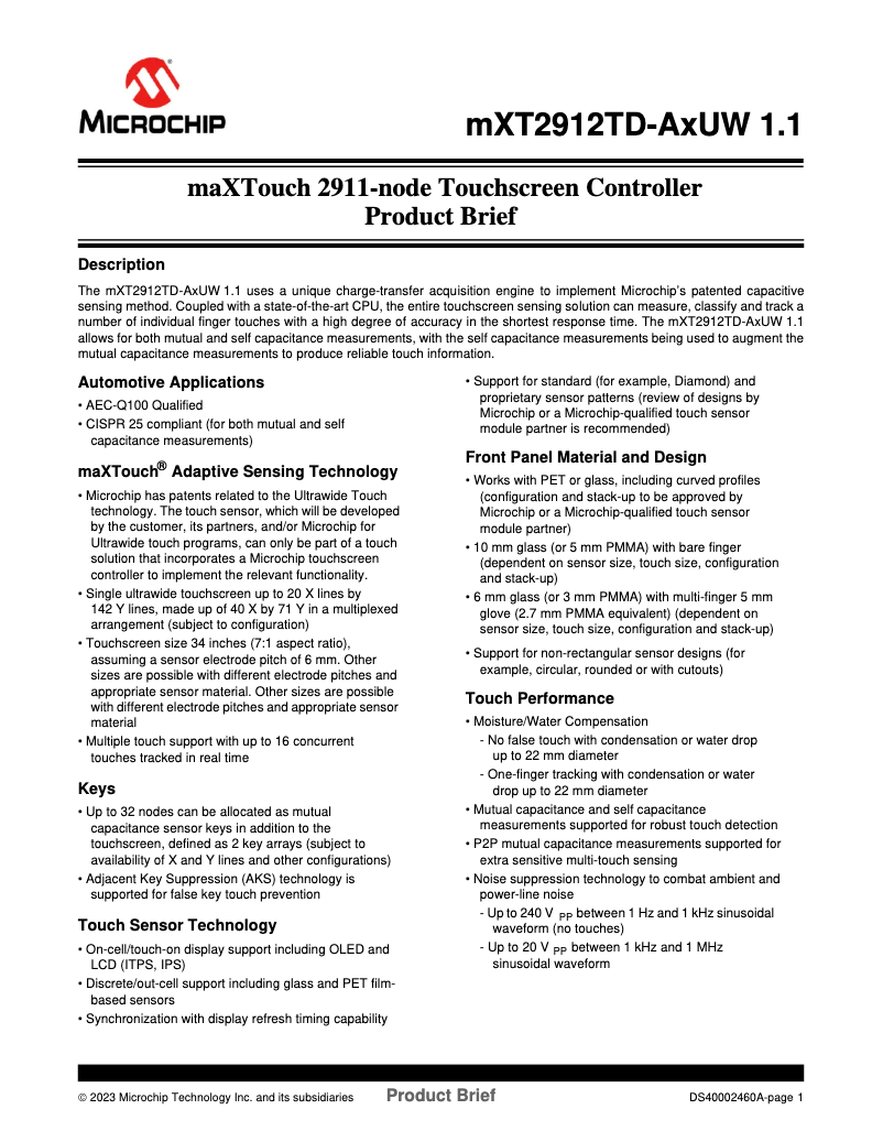 Page 1 de la notice Manuel utilisateur Microchip ATMXT2912TD-UW